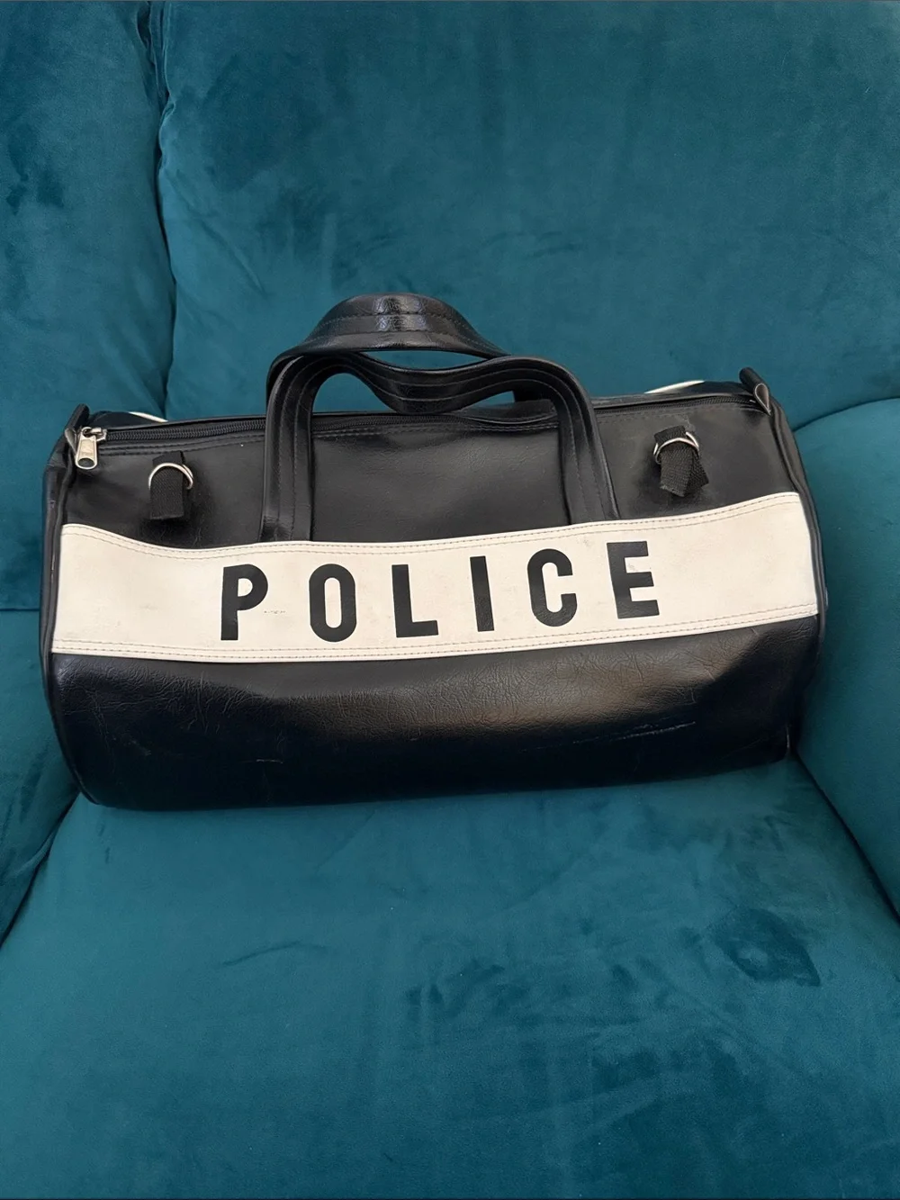 POLICE  Black and White Duffel Bag with Bold Lettering